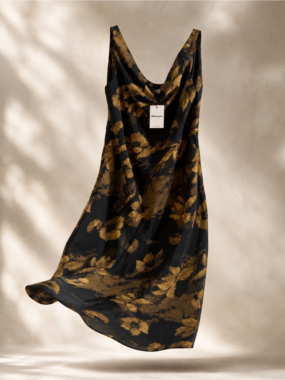 Showpo Black and Gold Y2K Floral Slip Midi Dress